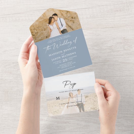 Minimalistisch platte puin Blue 2 Foto Rsvp Weddin All In One Uitnodiging (Afscheurbaar)