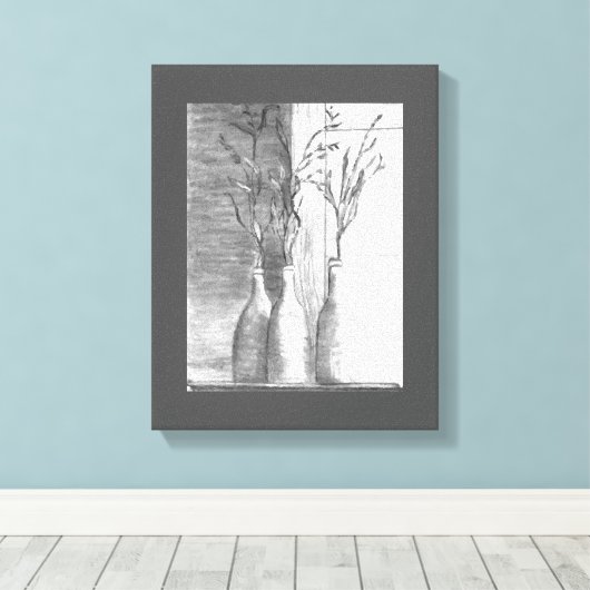 Minimalistisch potlood schets zwart wit bloemen canvas afdruk (Insitu (Houten vloer))