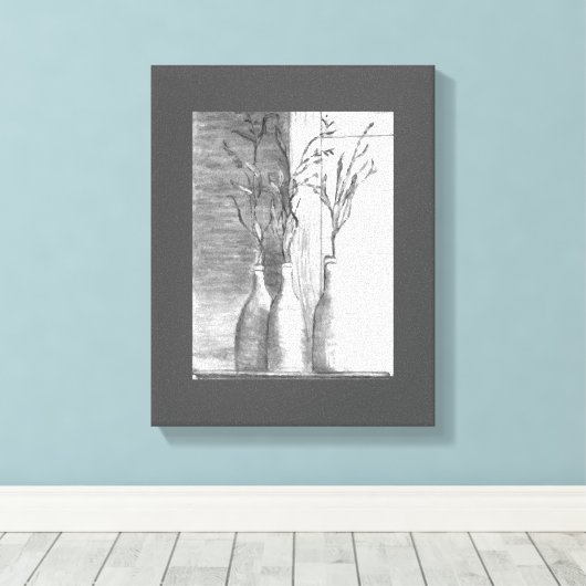 Minimalistisch potlood schets zwart wit bloemen canvas afdruk (Insitu (Houten vloer))