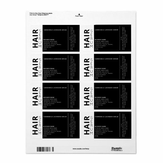 Minimalistisch professioneel zwart haarserum etiket (Full Sheet)