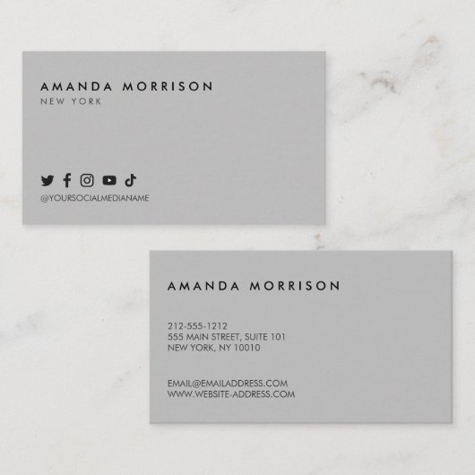Minimalistisch professionele sociale media grijs visitekaartje (Voorkant / Achterkant)