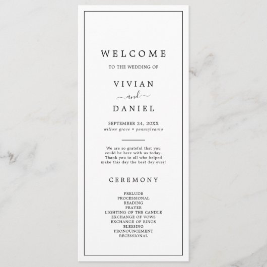 Minimalistisch programma voor Typografie Wedding Programmakaart (Voorkant)
