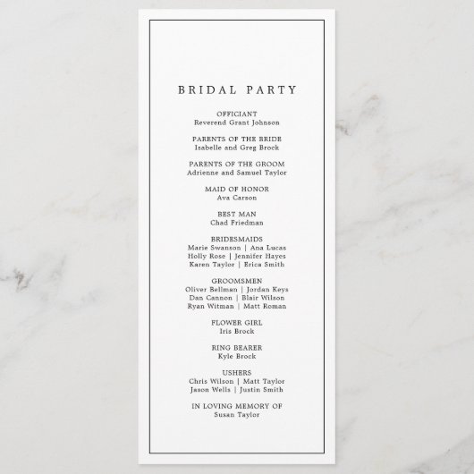 Minimalistisch programma voor Typografie Wedding Programmakaart (Achterkant)