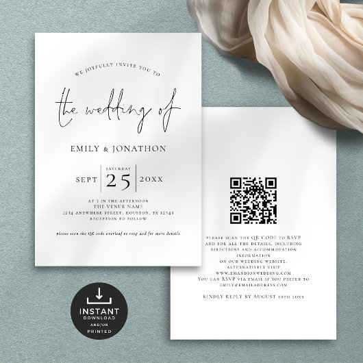 Minimalistisch QR Code Black White Wedding Kaart