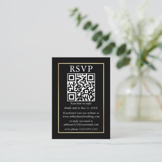 Minimalistisch QR-fotohuwelijk Gold Black RSVP Informatiekaartje (Staand voorkant)
