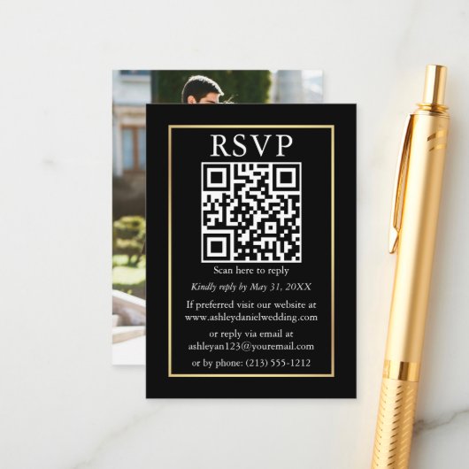 Minimalistisch QR-fotohuwelijk Gold Black RSVP Informatiekaartje (Voorkant / Achterkant in situ)