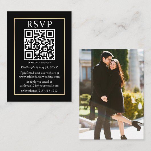 Minimalistisch QR-fotohuwelijk Gold Black RSVP Informatiekaartje (Voorkant / Achterkant)