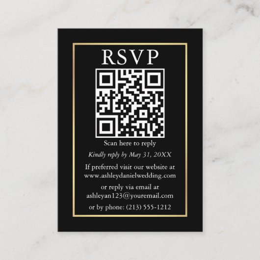 Minimalistisch QR-fotohuwelijk Gold Black RSVP Informatiekaartje (Voorkant)