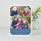 Minimalistisch raster 3 Photo Blue Holiday Card Feestdagenkaart (Staand voorkant)