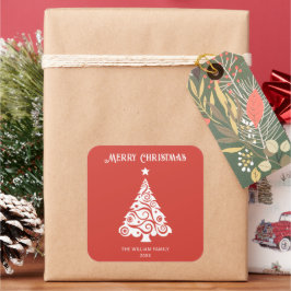 Minimalistisch Red Merry kerstboom vakantie cadeau Vierkante Sticker