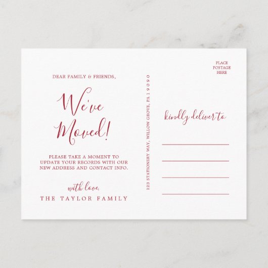 Minimalistisch Red We hebben ons verplaatst Aankondigingskaart (Achterkant)