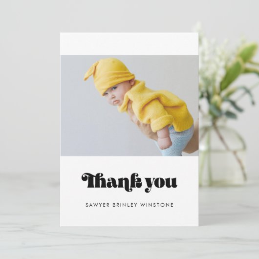 Minimalistisch retro script Baby shower dank u kaa Bedankkaart (Staand voorkant)