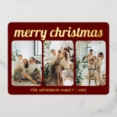 Minimalistisch rood 3 foto vrolijk kerstscript folie feestdagenkaart (Voorkant)