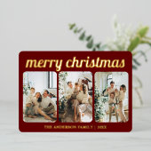 Minimalistisch rood 3 foto vrolijk kerstscript folie feestdagenkaart (Staand Voorkant)