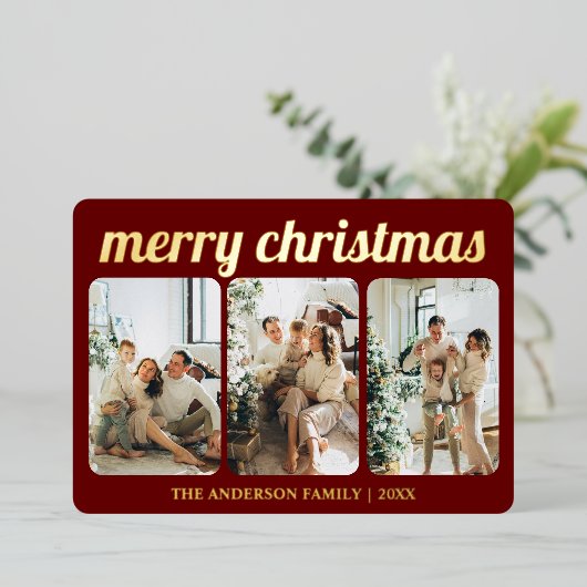 Minimalistisch rood 3 foto vrolijk kerstscript folie feestdagenkaart (Staand Voorkant)