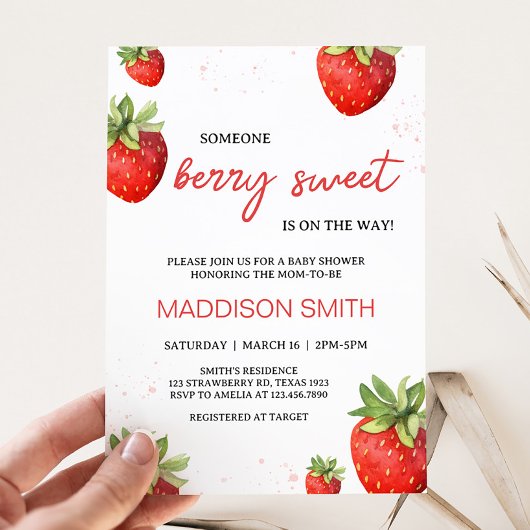 Minimalistisch rood aardbei Baby shower Kaart