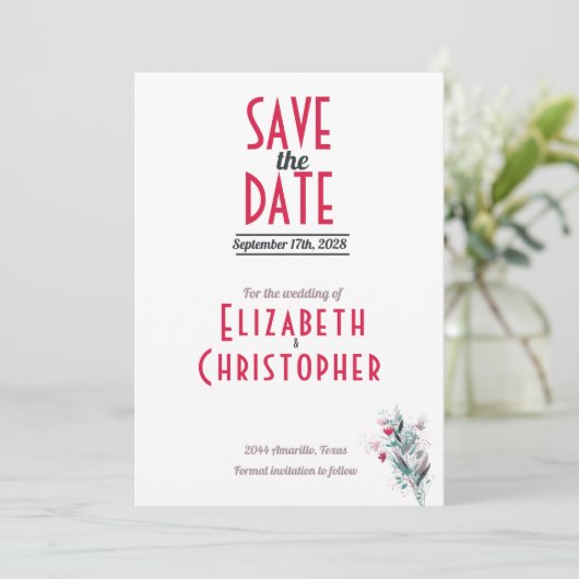 Minimalistisch rood bloemenbewaar de datum Kaart (Staand voorkant)