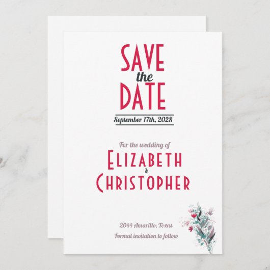 Minimalistisch rood bloemenbewaar de datum Kaart (Voorkant / Achterkant)