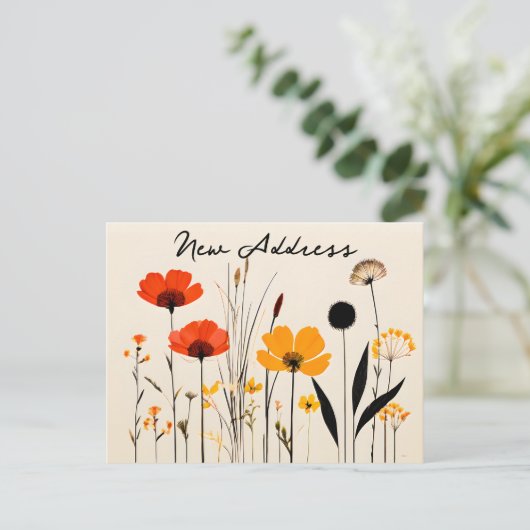 Minimalistisch Rood en Geel Wildflower Nieuw adres Briefkaart (Staand voorkant)