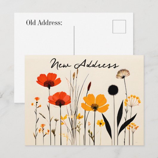 Minimalistisch Rood en Geel Wildflower Nieuw adres Briefkaart (Voorkant / Achterkant)