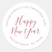Minimalistisch rood, gelukkig nieuwjaars cirkeladr ronde sticker (Voorkant)