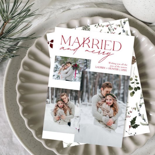 Minimalistisch rood getrouwd en vrolijk Pas getrou Feestdagenkaart