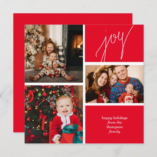 Minimalistisch rood script met foto's met kerstmis feestdagenkaart (Voorkant / Achterkant)