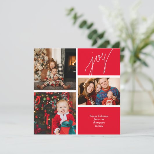 Minimalistisch rood script met foto's met kerstmis feestdagenkaart (Staand voorkant)