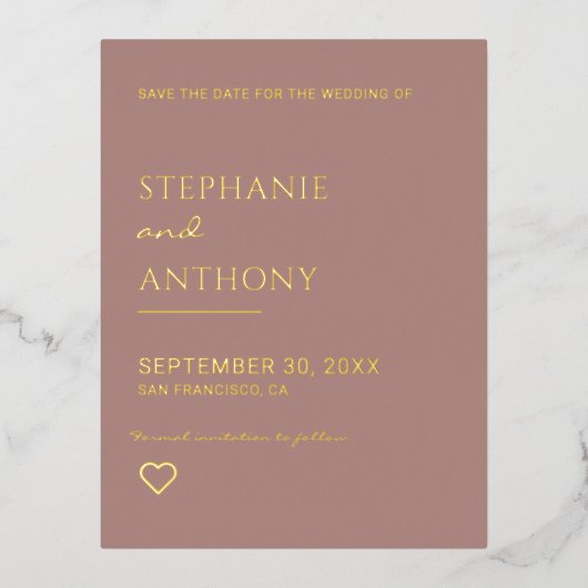 Minimalistisch Roos en goudharthuwelijk Folie Uitnodiging Briefkaart (Voorkant)