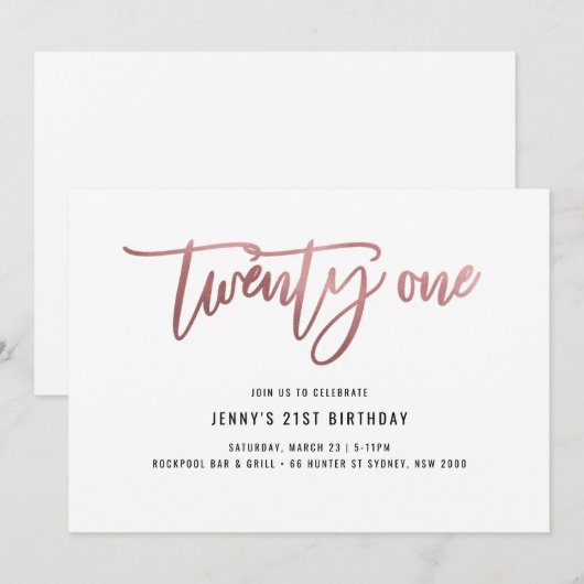 Minimalistisch Roos Gold Foil 21st Birthday Uitnod Kaart (Voorkant / Achterkant)