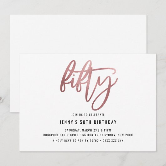 Minimalistisch Roos Gold Foil 50th Birthday Invita Kaart (Voorkant / Achterkant)