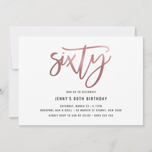 Minimalistisch Roos Gold Foil 60th Birthday Invita Kaart (Voorkant)