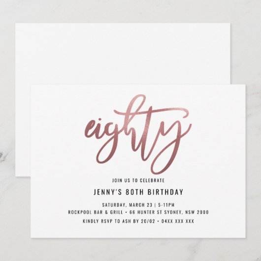 Minimalistisch Roos Gold Foil 80th Birthday Invita Kaart (Voorkant / Achterkant)