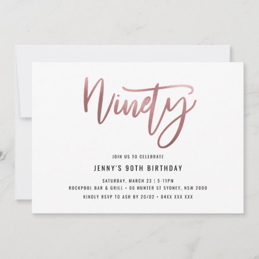 Minimalistisch Roos Gold Foil 90th Birthday Invita Kaart (Voorkant)