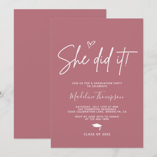 Minimalistisch Roos Gold Heart Ze deed het Afstude Kaart (Voorkant / Achterkant)