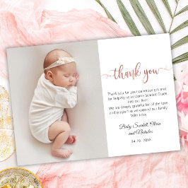 Minimalistisch Roos Gold Script Baby Foto Dank u Bedankkaart
