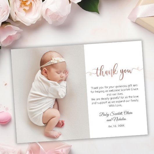 Minimalistisch Roos Gold Script Baby Foto Dank u Bedankkaart