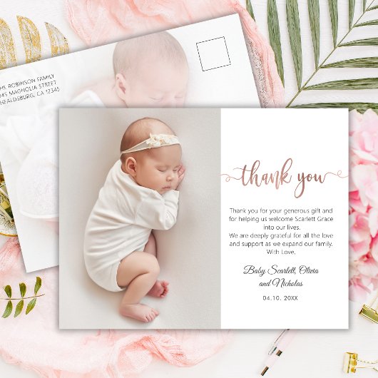 Minimalistisch Roos Gold Script Baby Foto Dank u Briefkaart