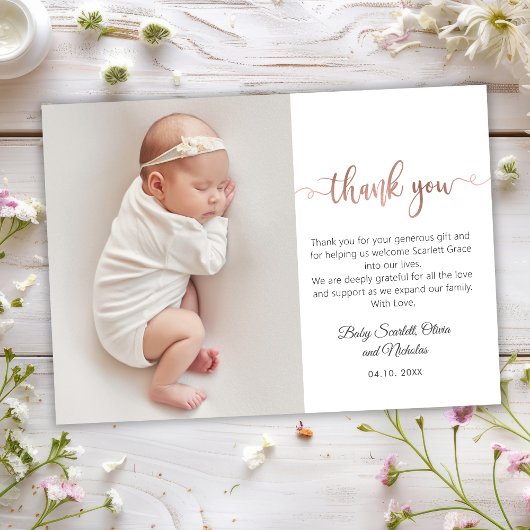 Minimalistisch Roos Gold Script Baby Foto Dank u Briefkaart