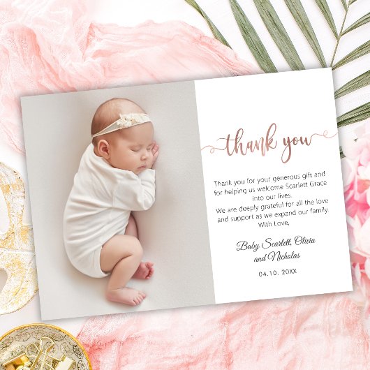 Minimalistisch Roos Gold Script Baby Foto Dank u Briefkaart