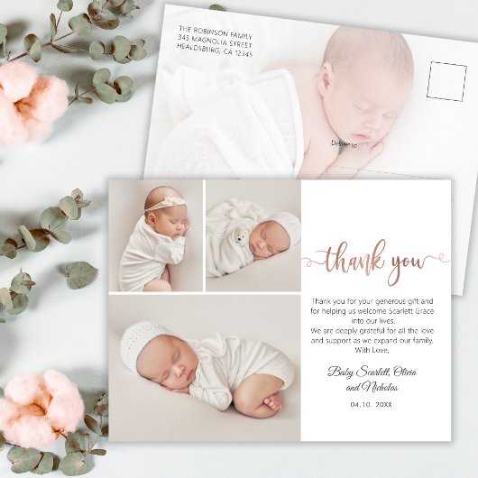 Minimalistisch Roos Gold Script Baby Foto Dank u P Briefkaart