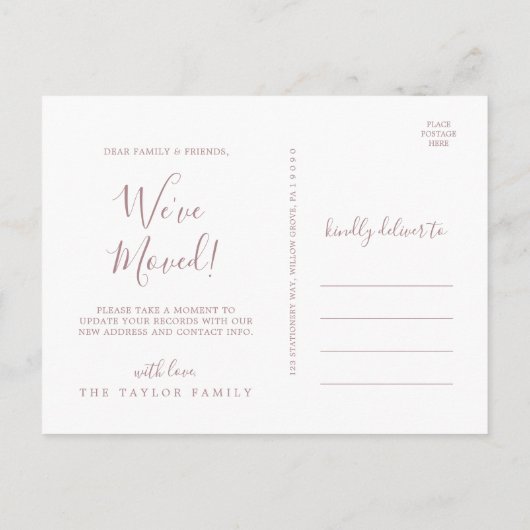 Minimalistisch Roos Gold We hebben ons verplaatst Aankondigingskaart (Achterkant)