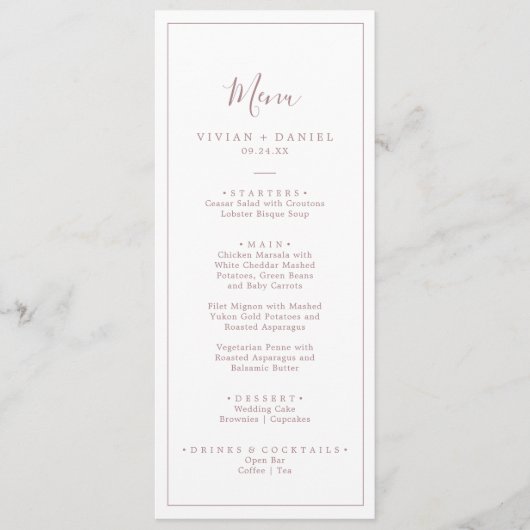 Minimalistisch Roos Gold Weddenmenu Menu (Voorkant)