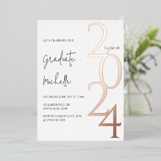 Minimalistisch Roos Goud Afstuderen Folie Uitnodiging (Staand Voorkant)