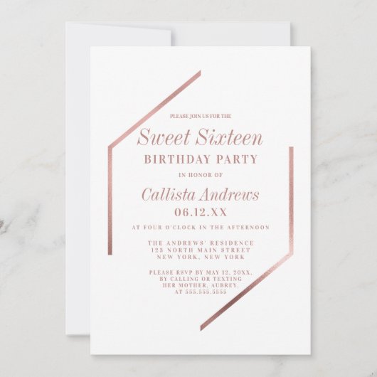 Minimalistisch Roos Goud Wit Geo Lijst Sweet 16 Kaart (Voorkant)