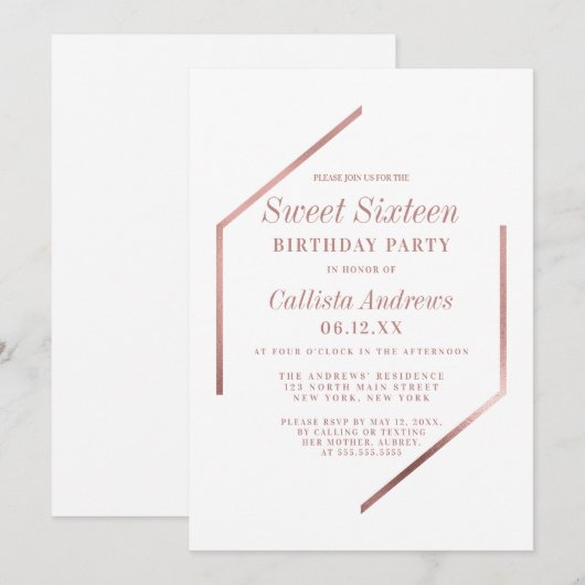 Minimalistisch Roos Goud Wit Geo Lijst Sweet 16 Kaart (Voorkant / Achterkant)