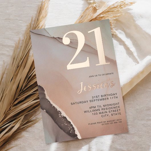 Minimalistisch Roos Gouden Chique Waterverf 21e Ve Folie Uitnodiging