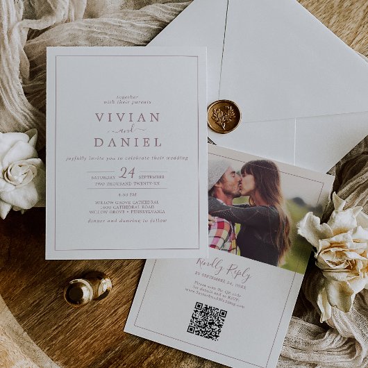Minimalistisch Roos Gouden Foto QR Code Bruiloft Kaart