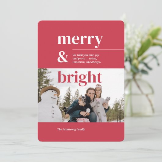 Minimalistisch Roos Merry Bright Foto Feestdagenkaart (Staand voorkant)