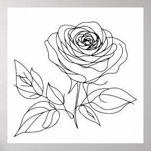 Minimalistisch roos One Line Art tekening in zwart Poster